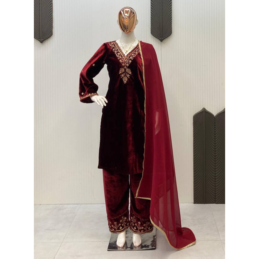 Designer Velvet Wedding Embroidery Women Top Pant Dupatta Suit Mahezon