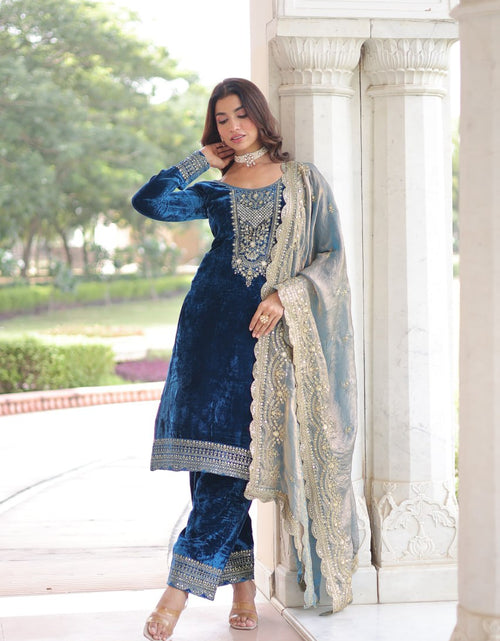 Load image into Gallery viewer, Designer Velvet Wedding Wear Velvet Women Top Pant Dupatta Suit Set 
