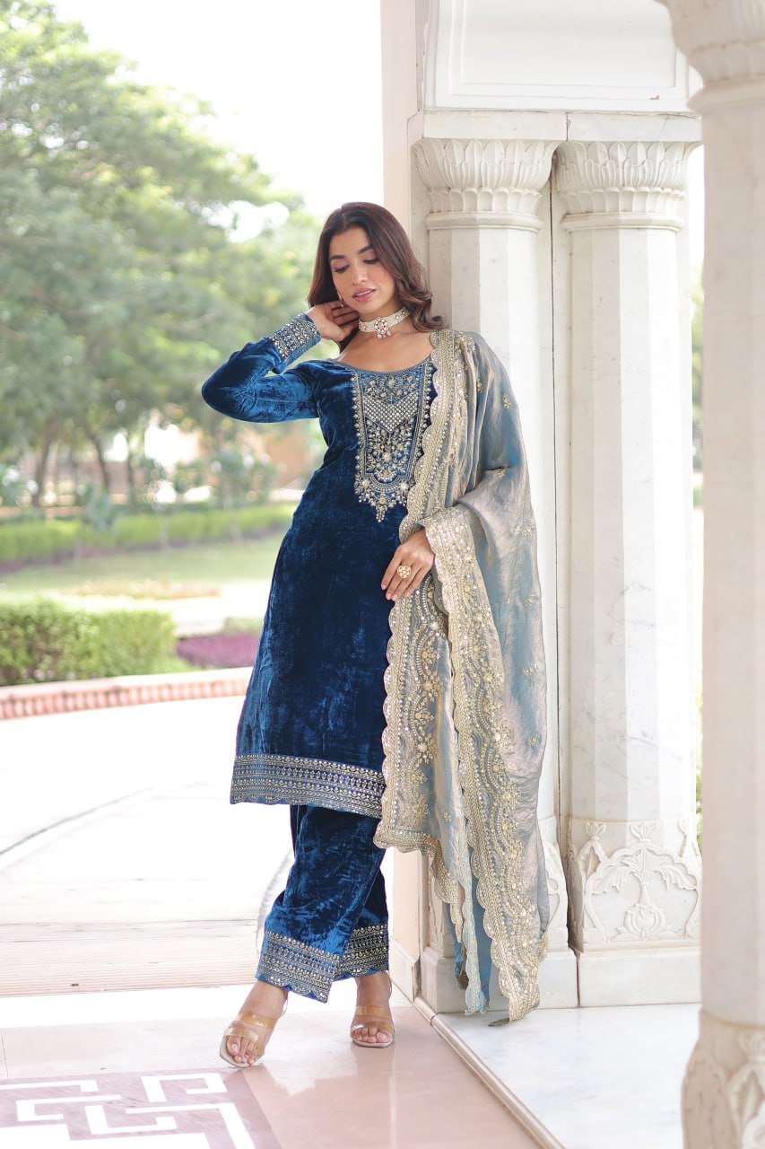 Designer Velvet Wedding Wear Velvet Women Top Pant Dupatta Suit Set 