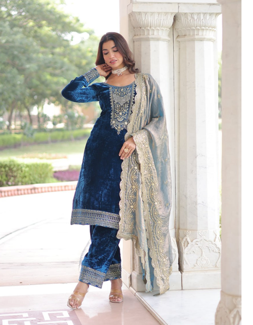 Load image into Gallery viewer, Designer Velvet Wedding Wear Velvet Women Top Pant Dupatta Suit Set 
