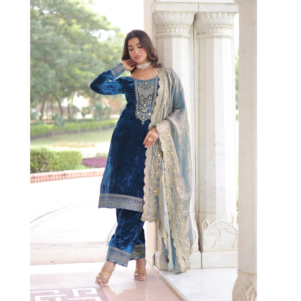 Designer Velvet Wedding Wear Velvet Women Top Pant Dupatta Suit Set 
