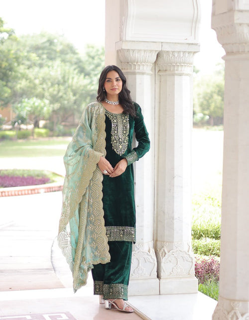 Load image into Gallery viewer, Designer Velvet Wedding Wear Velvet Women Top Pant Dupatta Suit Set
