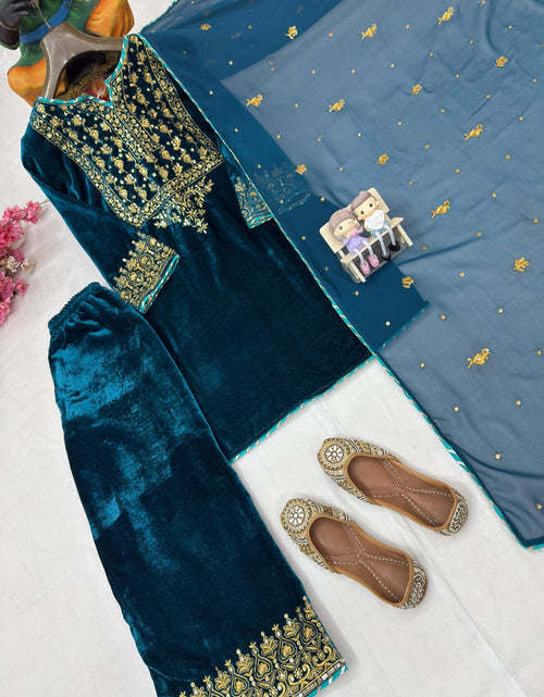 Load image into Gallery viewer, Designer Blue Velvet Wedding Wear Velvet Women Top Pant Dupatta Suit Set Mahezon
