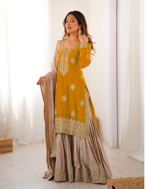 Load image into Gallery viewer, Party Wear Designer Women Top Sharara with Dupatta Suit Dress
