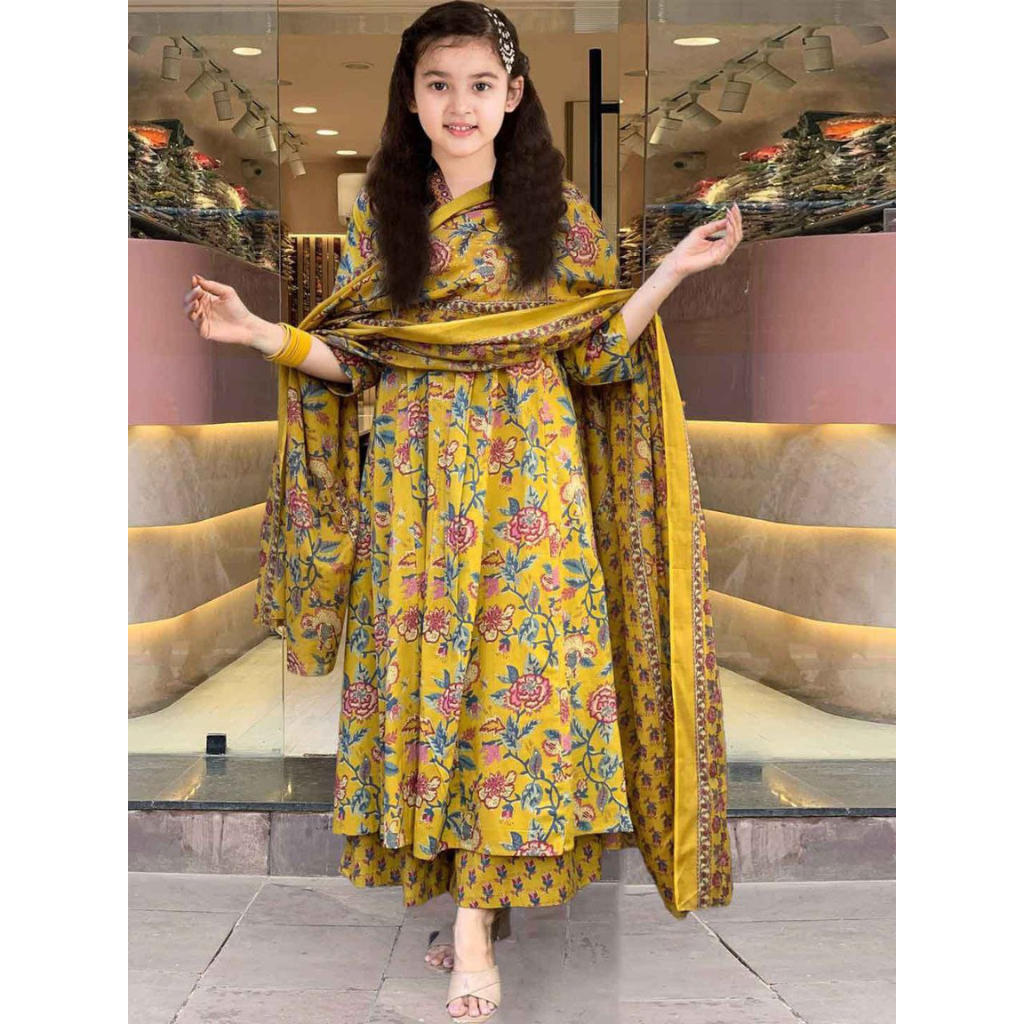 Designer Kids Girls Cotton Kurti Pant Dupatta Set