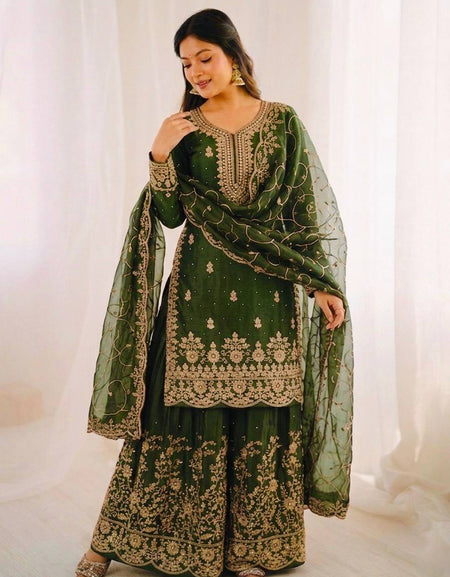 Ethnic Wear Green Matching Mother Daughter Designer Party wear Top Palazzo Dupatta Suit Set mahezon