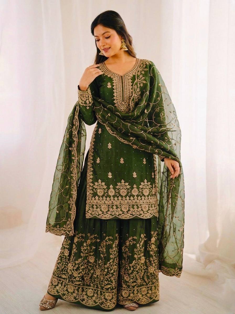 Ethnic Wear Green Matching Mother Daughter Designer Party wear Top Palazzo Dupatta Suit Set mahezon