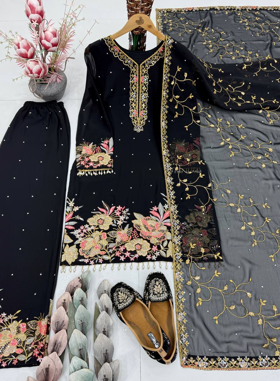 Festive Sequence Embroidered Women Top Palazzo Dupatta Suit Dress mahezon
