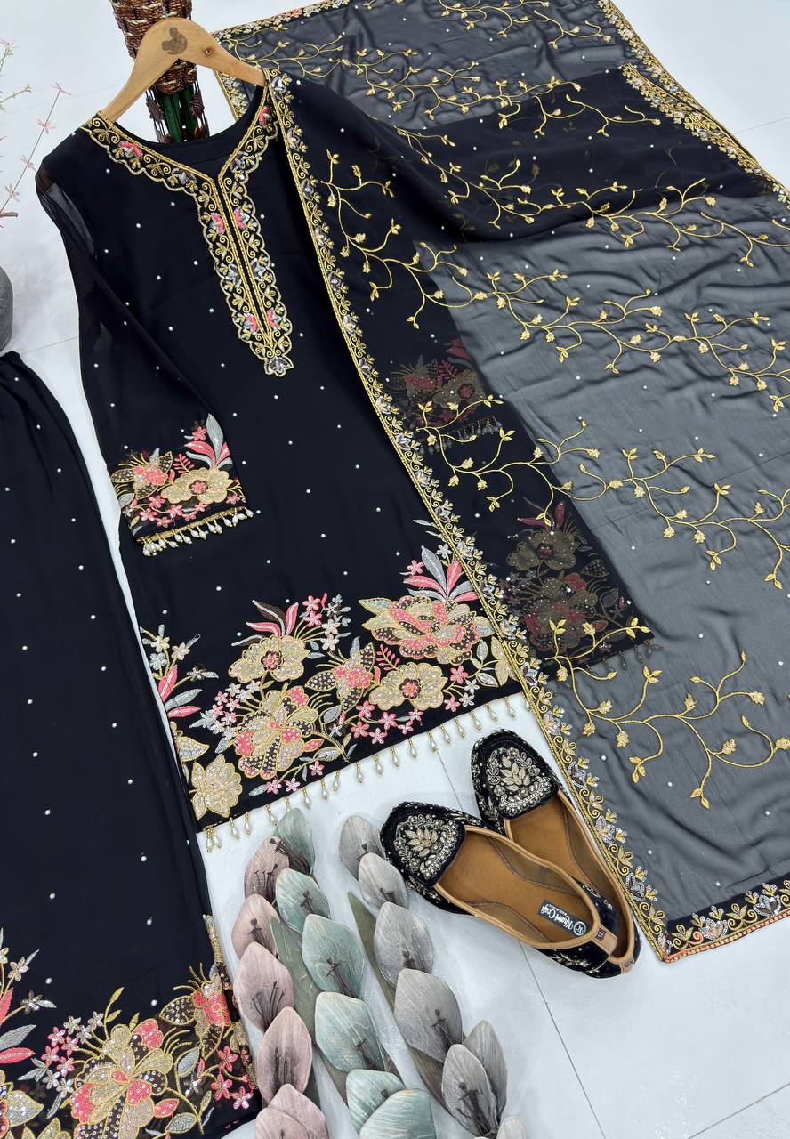 Festive Sequence Embroidered Women Top Palazzo Dupatta Suit Dress mahezon