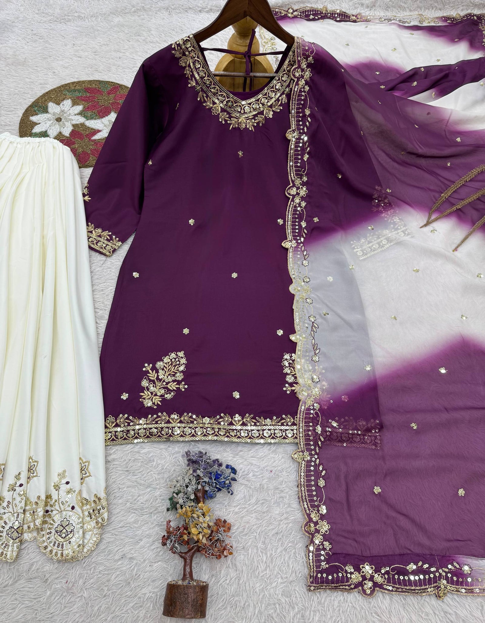 Festive Embroidered Sequence Women Top Palazzo Dupatta Suit Dress mahezon