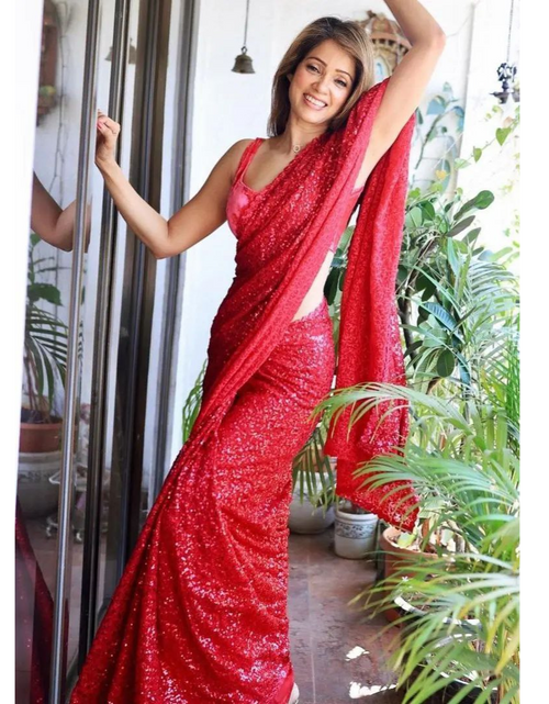 Load image into Gallery viewer, Embroidery Party Wear Women Red Sequin Saree mahezon
