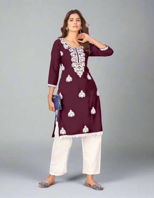 Load image into Gallery viewer, Embroidery Party wear Wine Women&#39;s Chikankari Kurti Palazzo Suit mahezon
