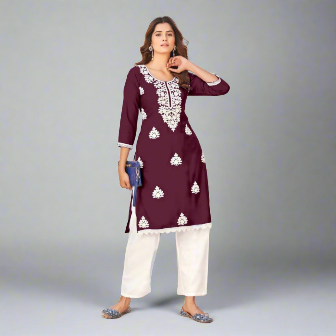 Embroidery Party wear Wine Women's Chikankari Kurti Palazzo Suit mahezon