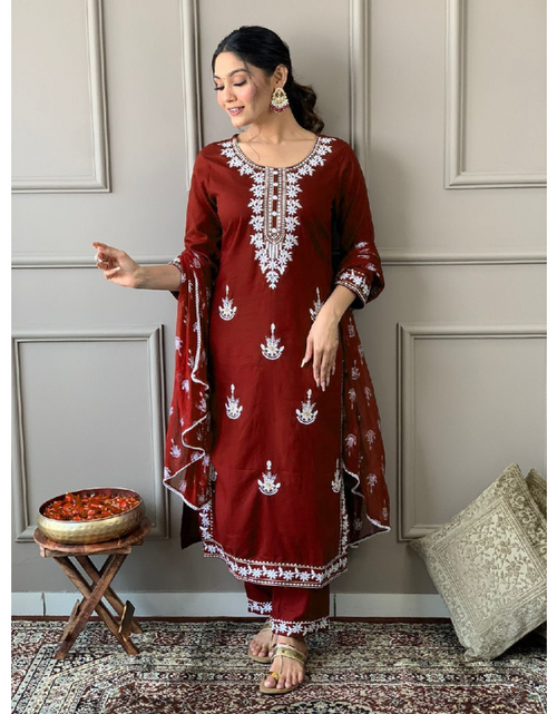 Load image into Gallery viewer, Embroidery Rayon 3 piece Women&#39;s Suit Maroon mahezon
