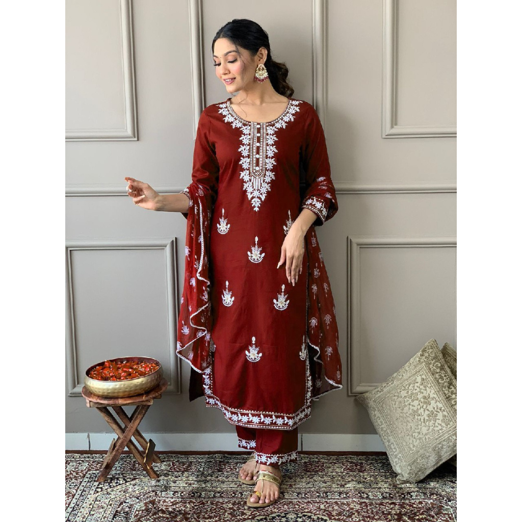 Embroidery Rayon 3 piece Women's Suit Maroon mahezon