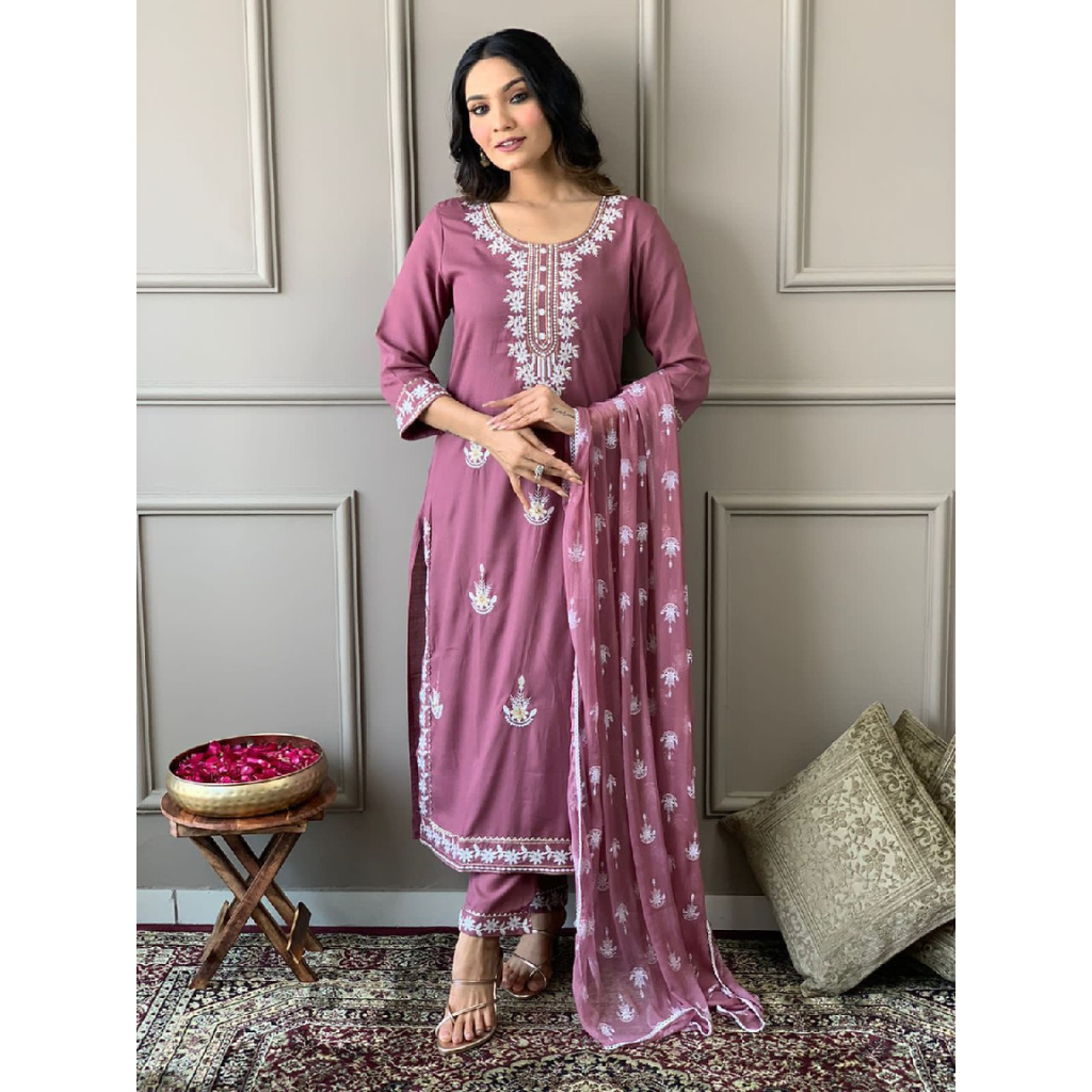 Embroidery Rayon 3 piece Women's Suit Pink mahezon