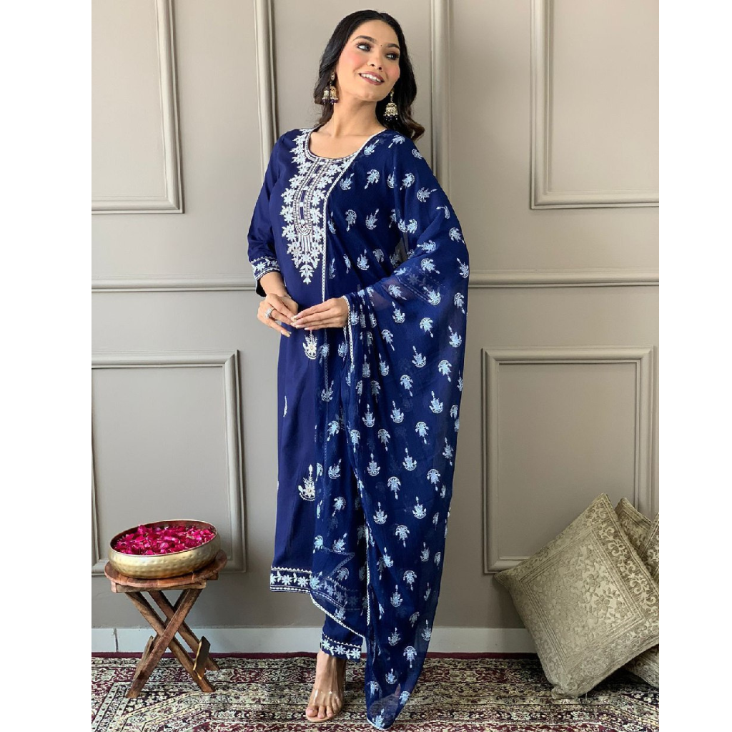 Embroidery Rayon 3 piece Women's Suit Blue mahezon