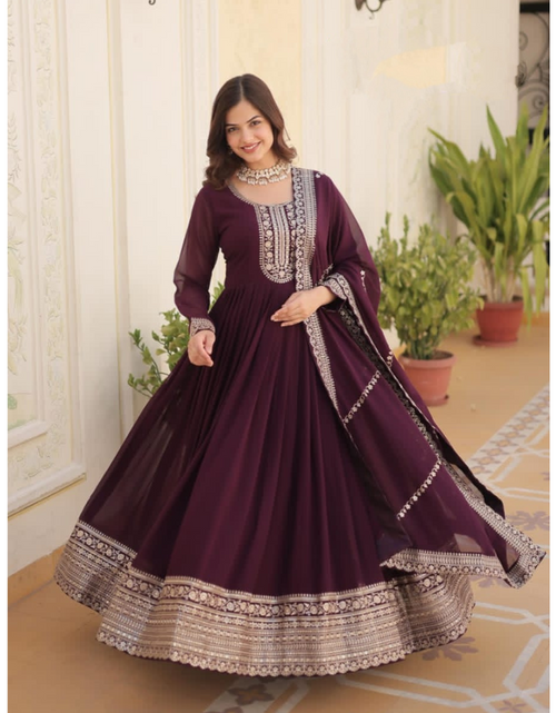 Load image into Gallery viewer, Embroidery Sequence Wedding wear Wine Women&#39;s Gown Dupatta Suit mahezon
