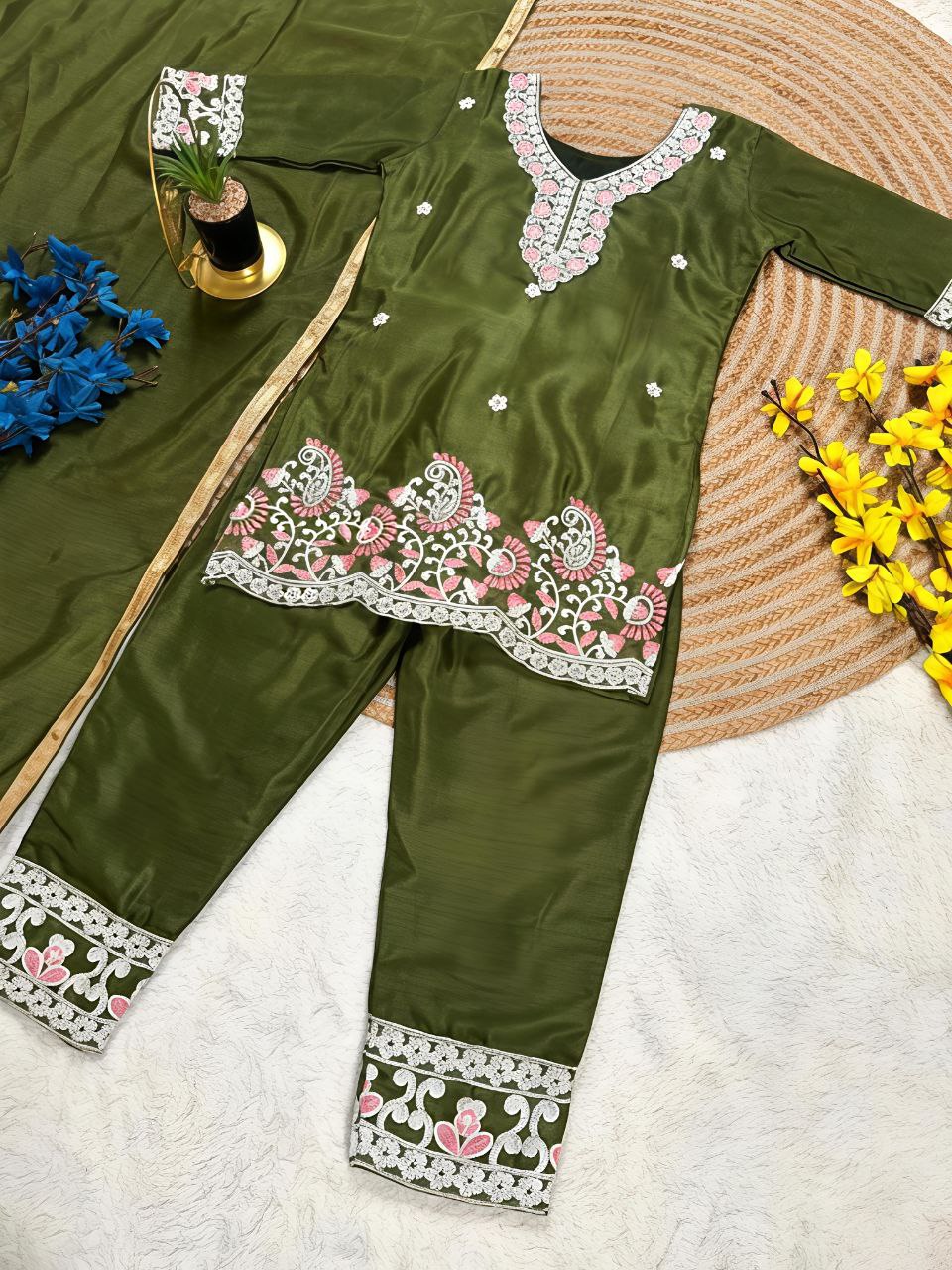 Festive Embroidery Kid Girl Kurti Palazzo with Dupatta Suit mahezon