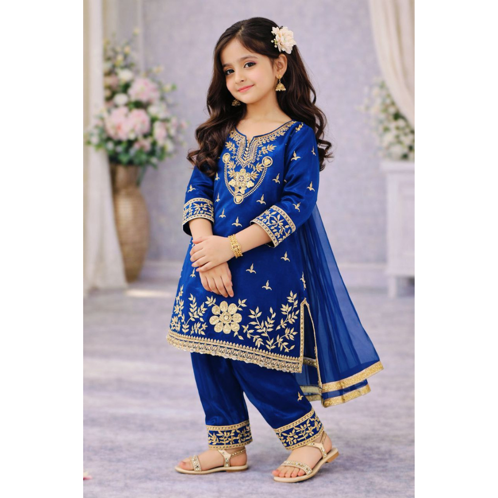 Festive Embroidery Sequence Kid Girl Kurti Palazzo with Dupatta Suit mahezon