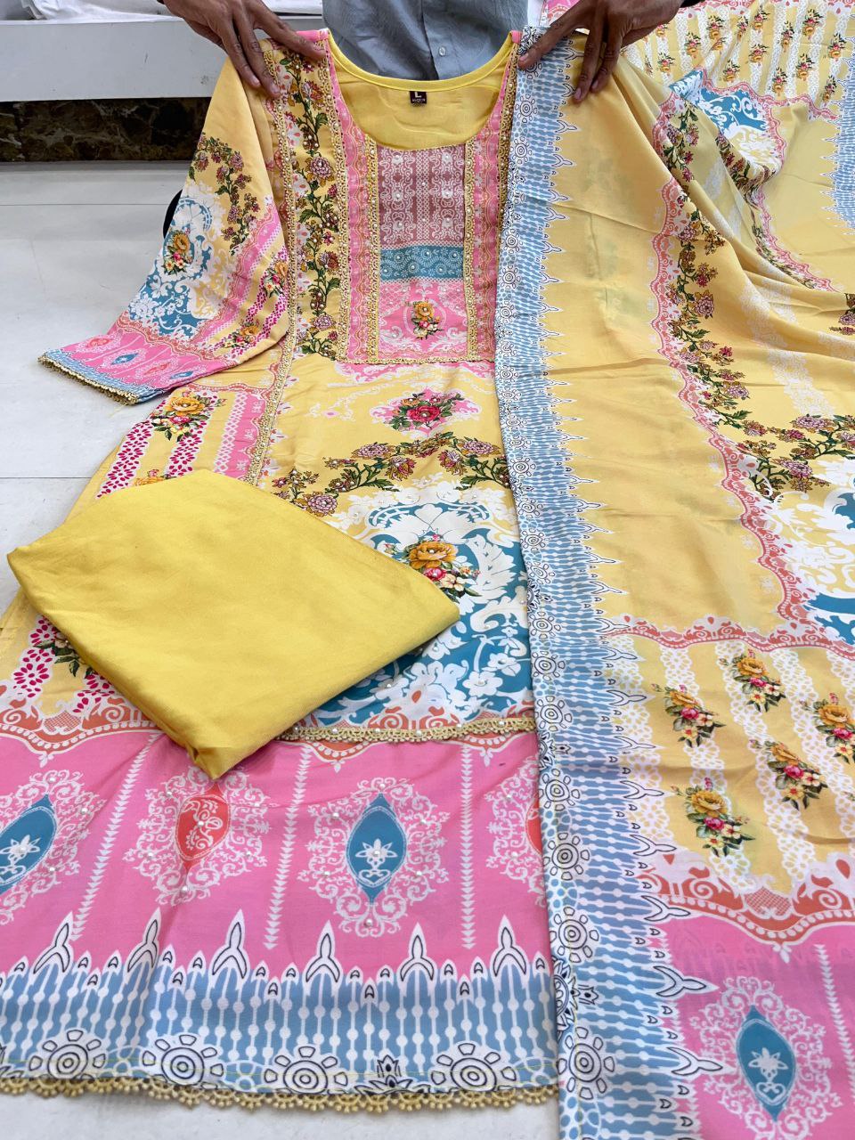 Embroidery Yellow Women's Kurti Pant with Dupatta Salwar Suit mahezon