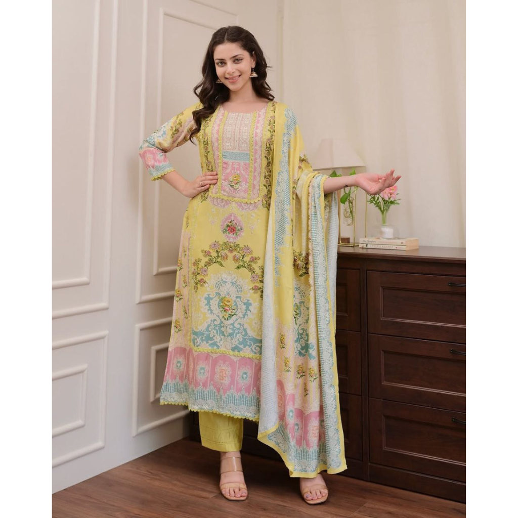 Embroidery Yellow Women's Kurti Pant with Dupatta Salwar Suit mahezon
