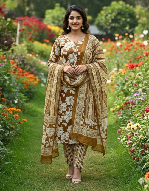 Load image into Gallery viewer, Jaipuri Cotton Women Kurta Pant Dupatta Set mahezon
