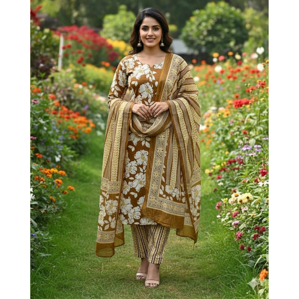 Jaipuri Cotton Women Kurta Pant Dupatta Set mahezon