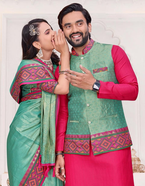 Load image into Gallery viewer, Ethnic Couple Wear  Indian Men Kurta Pajama Koti and Women Saree Outfits Set mahezon
