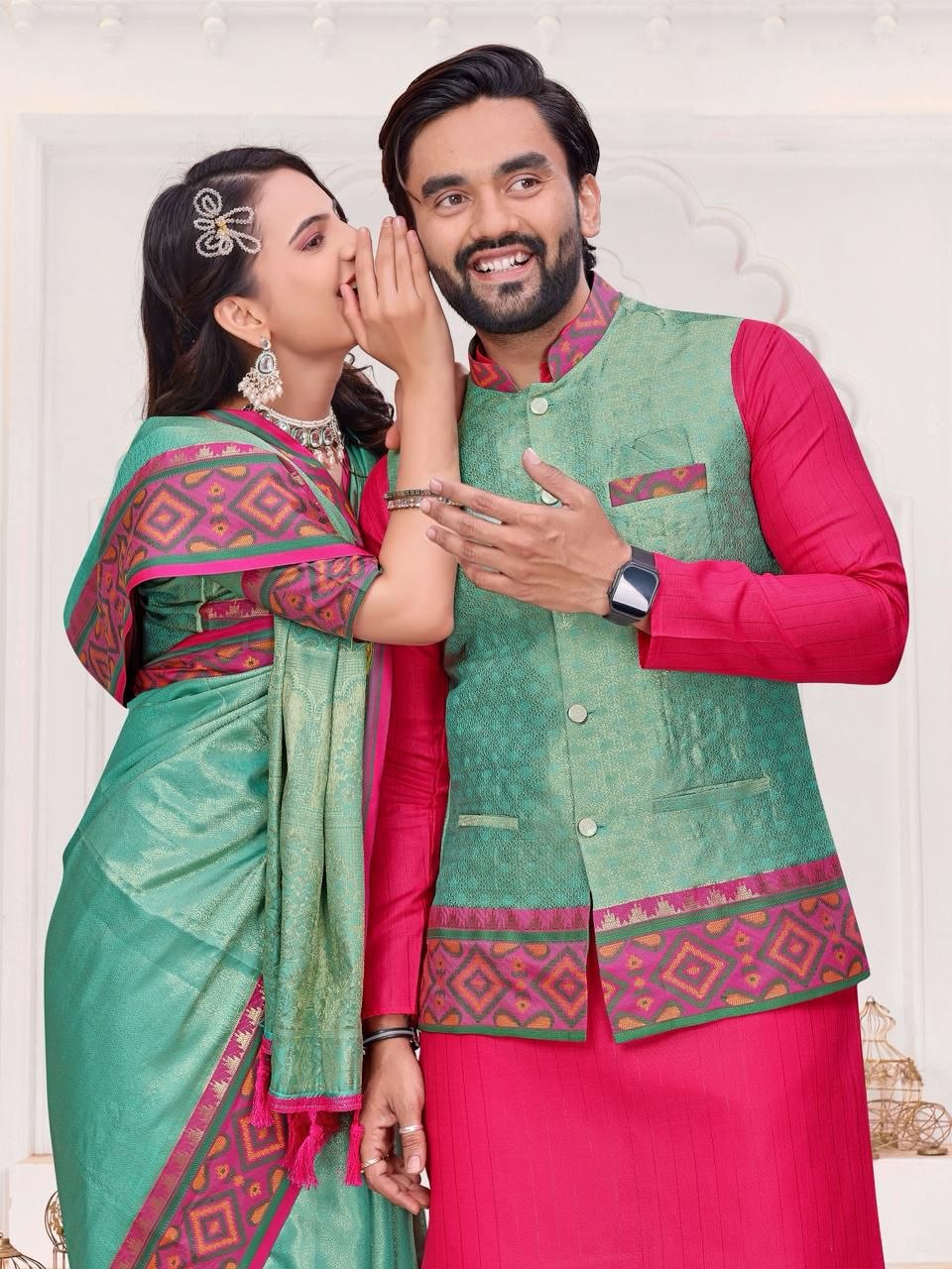 Ethnic Couple Wear  Indian Men Kurta Pajama Koti and Women Saree Outfits Set mahezon