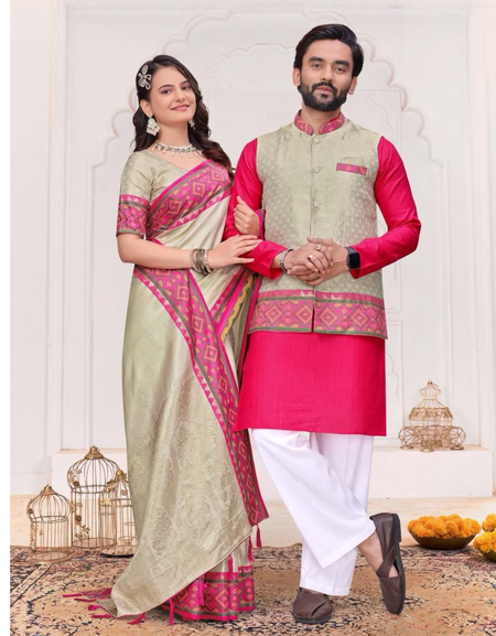 Ethnic Couple Wear Traditional Indian Men Kurta Pajama Koti and Women Saree mahezon