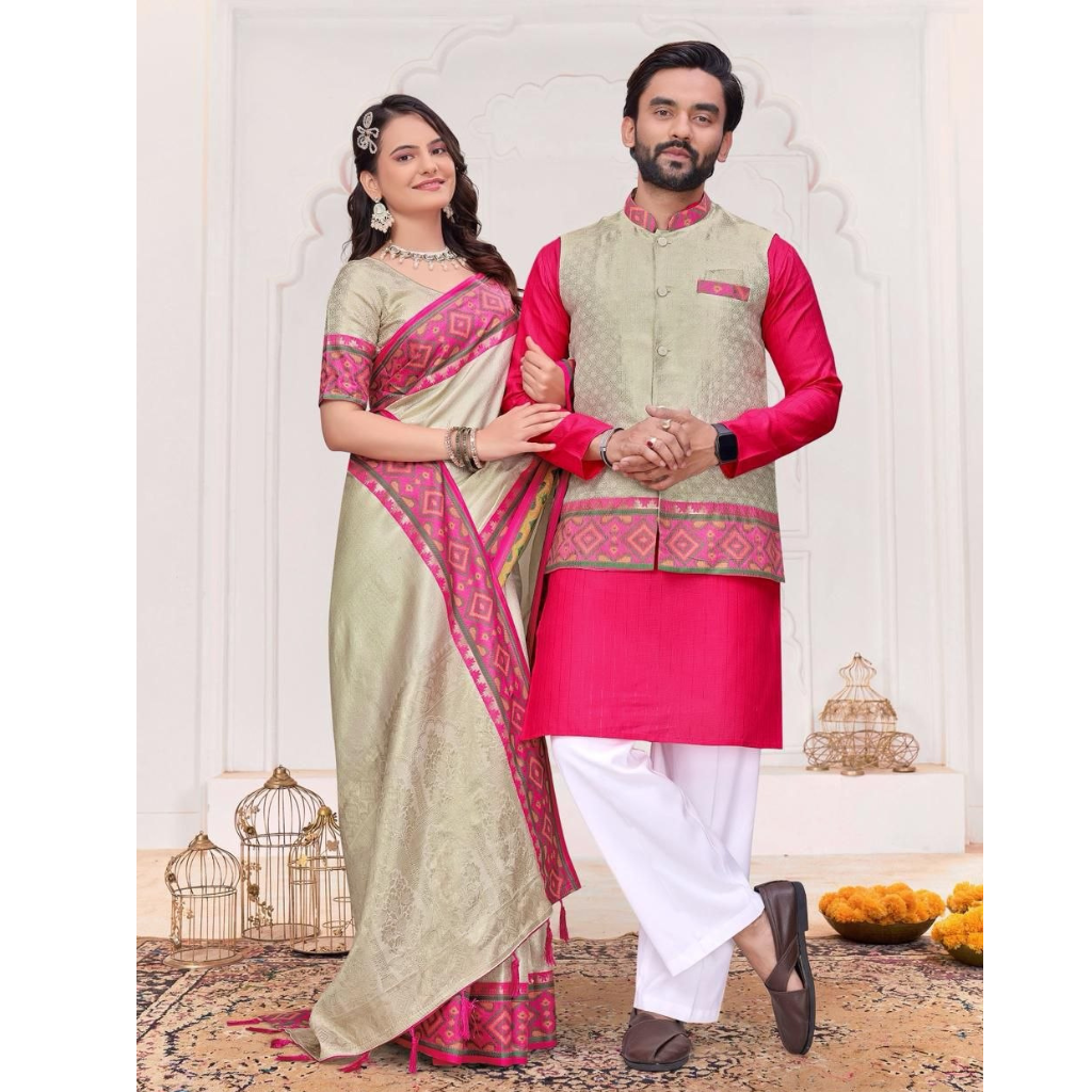 Ethnic Couple Wear Traditional Indian Men Kurta Pajama Koti and Women Saree mahezon