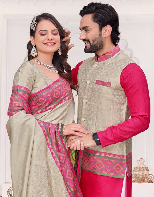 Load image into Gallery viewer, Ethnic Couple Wear Traditional Indian Men Kurta Pajama Koti and Women Saree mahezon
