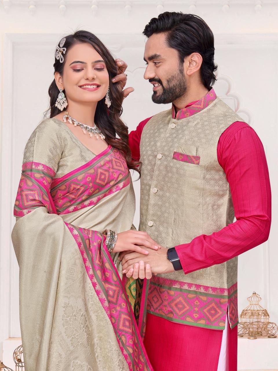 Ethnic Couple Wear Traditional Indian Men Kurta Pajama Koti and Women Saree mahezon