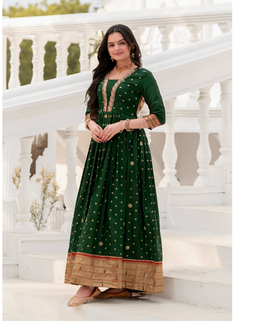 Load image into Gallery viewer, Festival Green Polka Paithani Women Gown Dress mahezon

