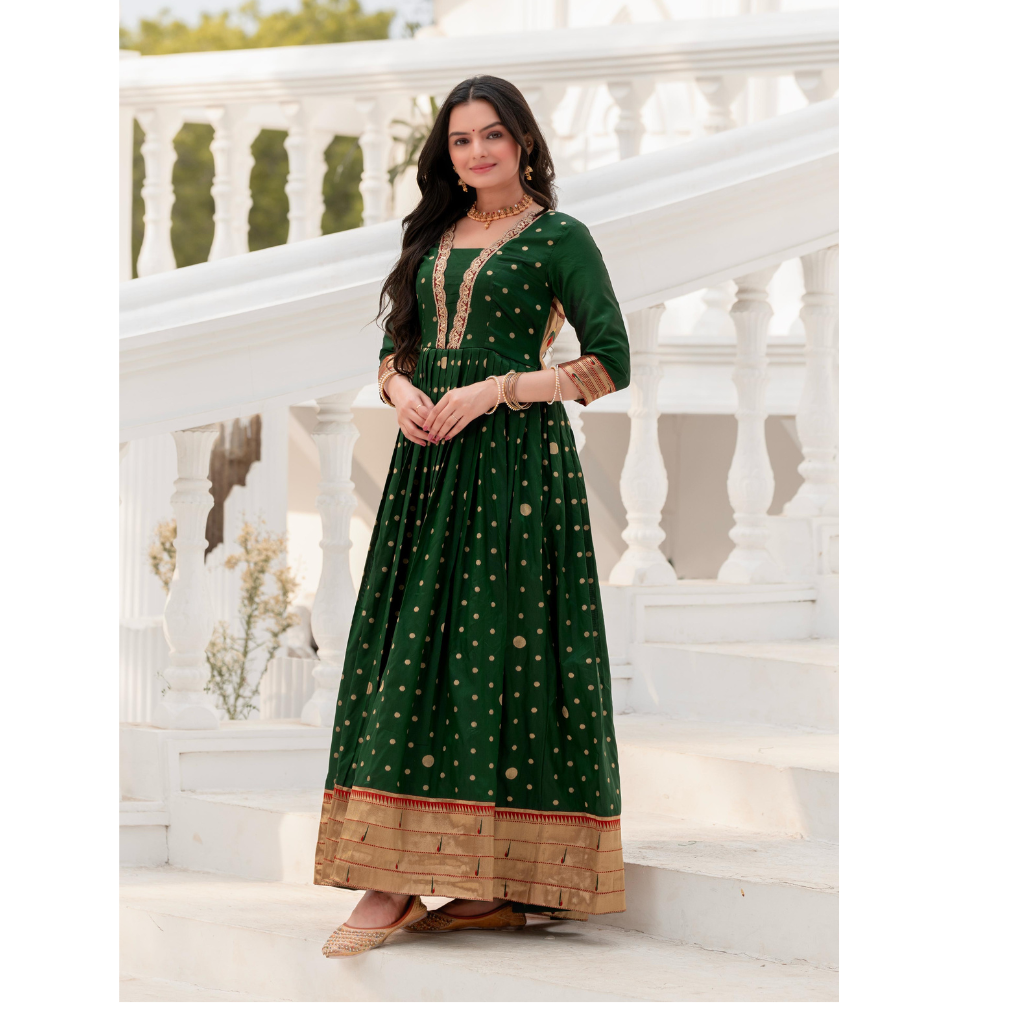Festival Green Polka Paithani Women Gown Dress mahezon