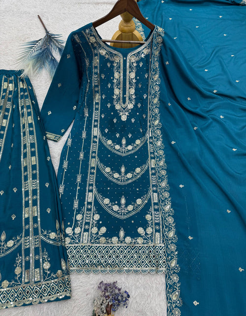 Load image into Gallery viewer, Festive Readymade Sequence Embroidered Women Top Palazzo Dupatta Suit Dress mahezon
