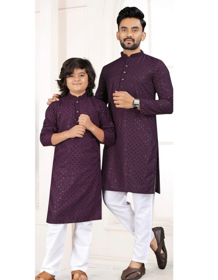 Ethnic Indian Father and Son Same Matching Purple Kurta Pajama Set mahezon