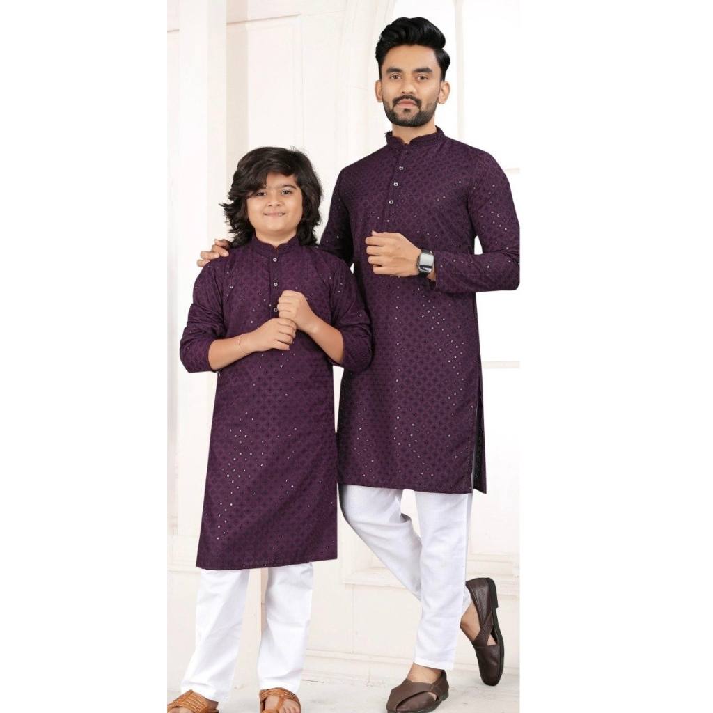 Ethnic Indian Father and Son Same Matching Purple Kurta Pajama Set mahezon