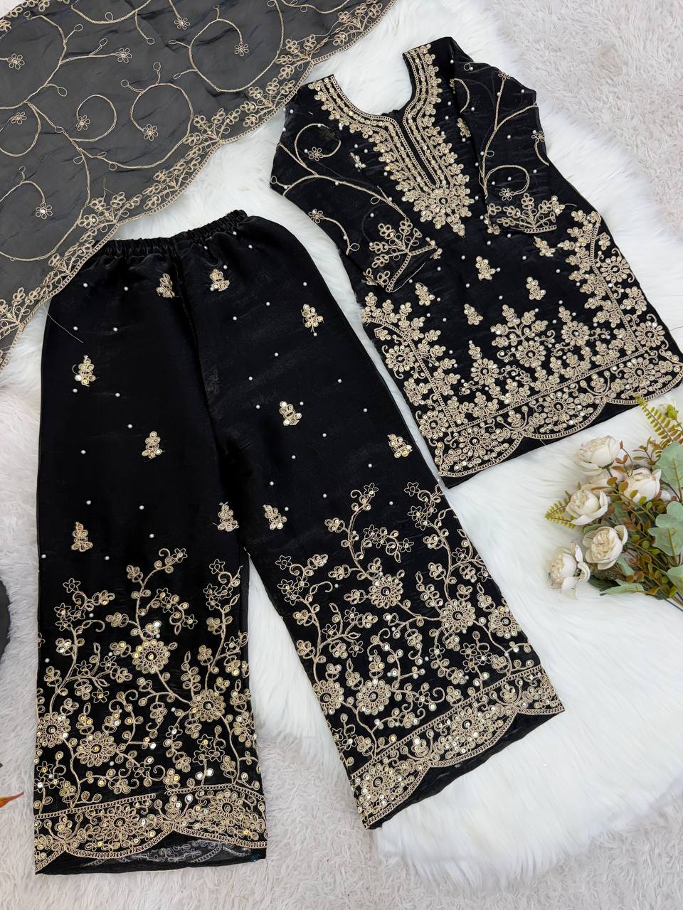 Ethnic Wear Matching Black Mother Daughter Designer Party wear Top Palazzo Dupatta Suit Set mahezon