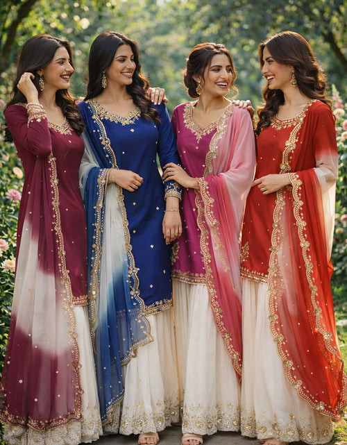 Load image into Gallery viewer, Festive Embroidered Sequence Women Top Palazzo Dupatta Suit Dress mahezon
