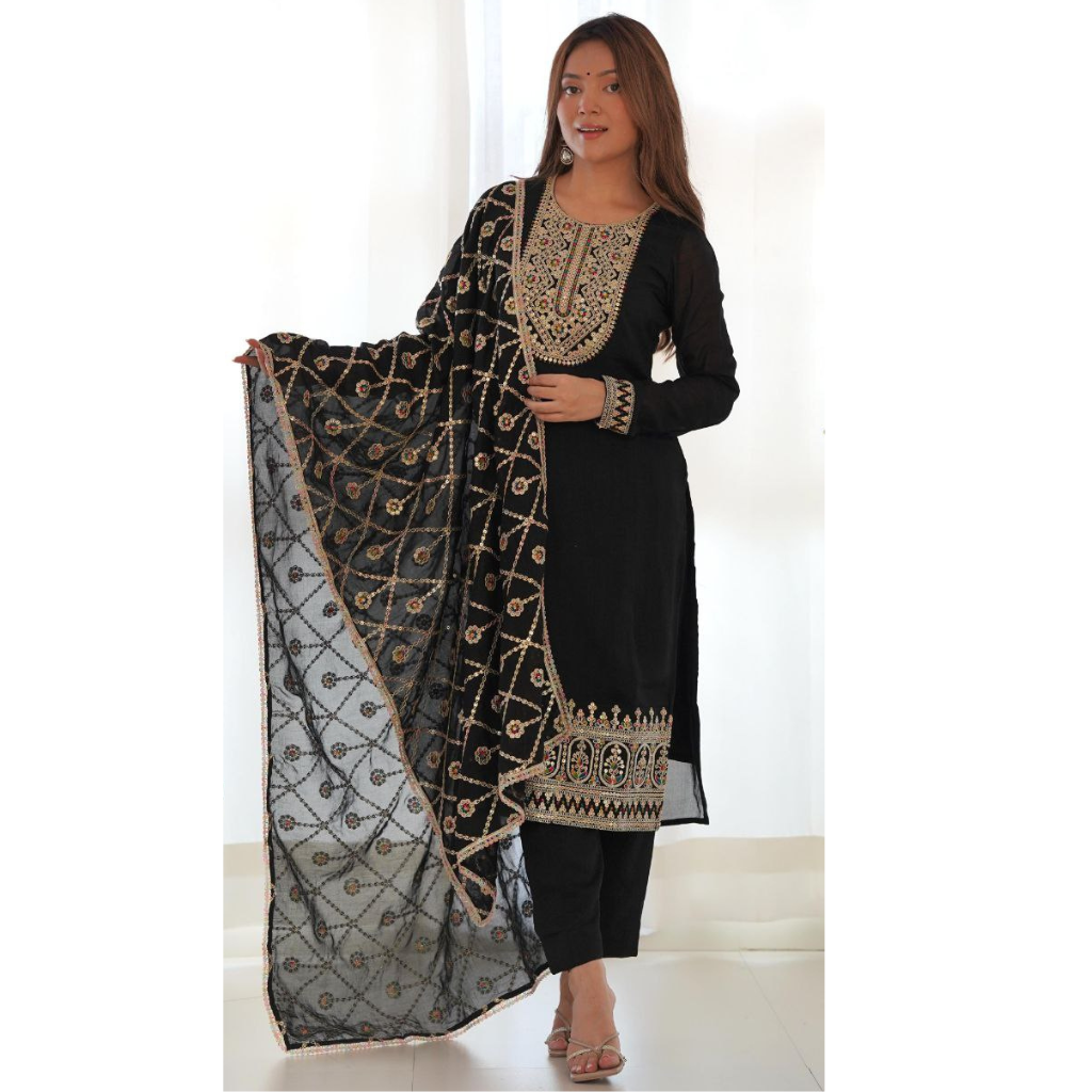 Ethnic Traditional Indian Black Women's Kurta Pant with Dupatta Suit