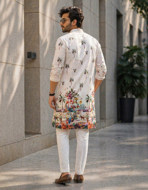 Load image into Gallery viewer, Ethnic Traditional Indian White Men Kurta Pajama with Crochet Sequence work and Digital Print mahezon
