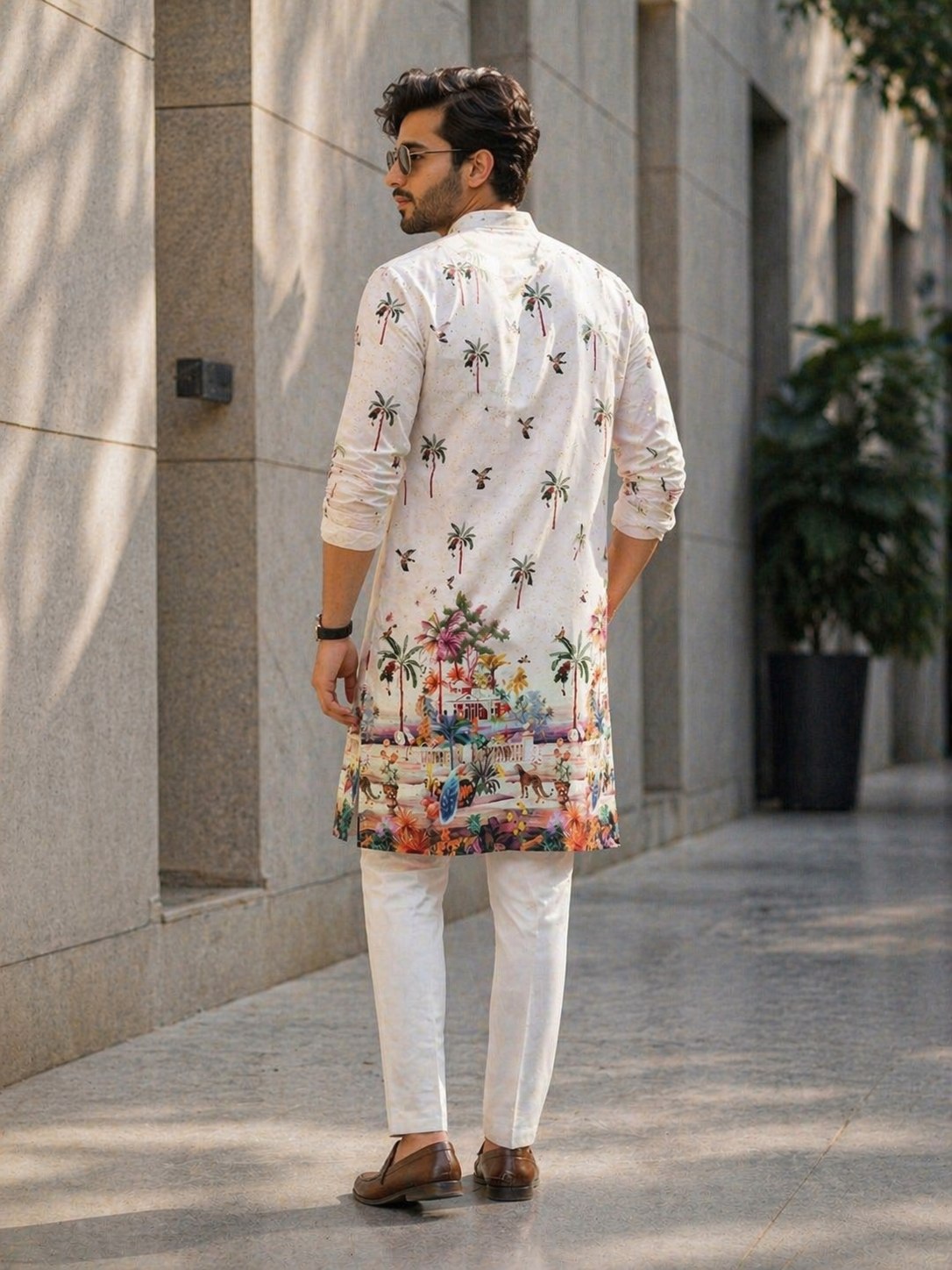 Ethnic Traditional Indian White Men Kurta Pajama with Crochet Sequence work and Digital Print mahezon