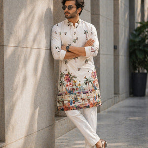 Ethnic Traditional Indian White Men Kurta Pajama with Crochet Sequence work and Digital Print mahezon
