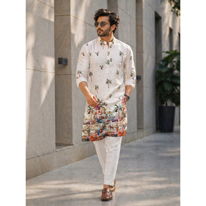 Ethnic Traditional Indian White Men Kurta Pajama with Crochet Sequence work and Digital Print mahezon