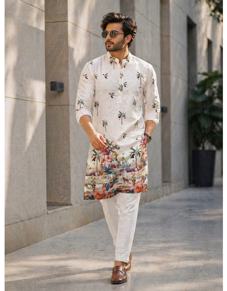 Ethnic Traditional Indian White Men Kurta Pajama with Crochet Sequence work and Digital Print mahezon