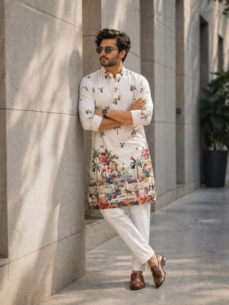 Ethnic Traditional Indian White Men Kurta Pajama with Crochet Sequence work and Digital Print mahezon