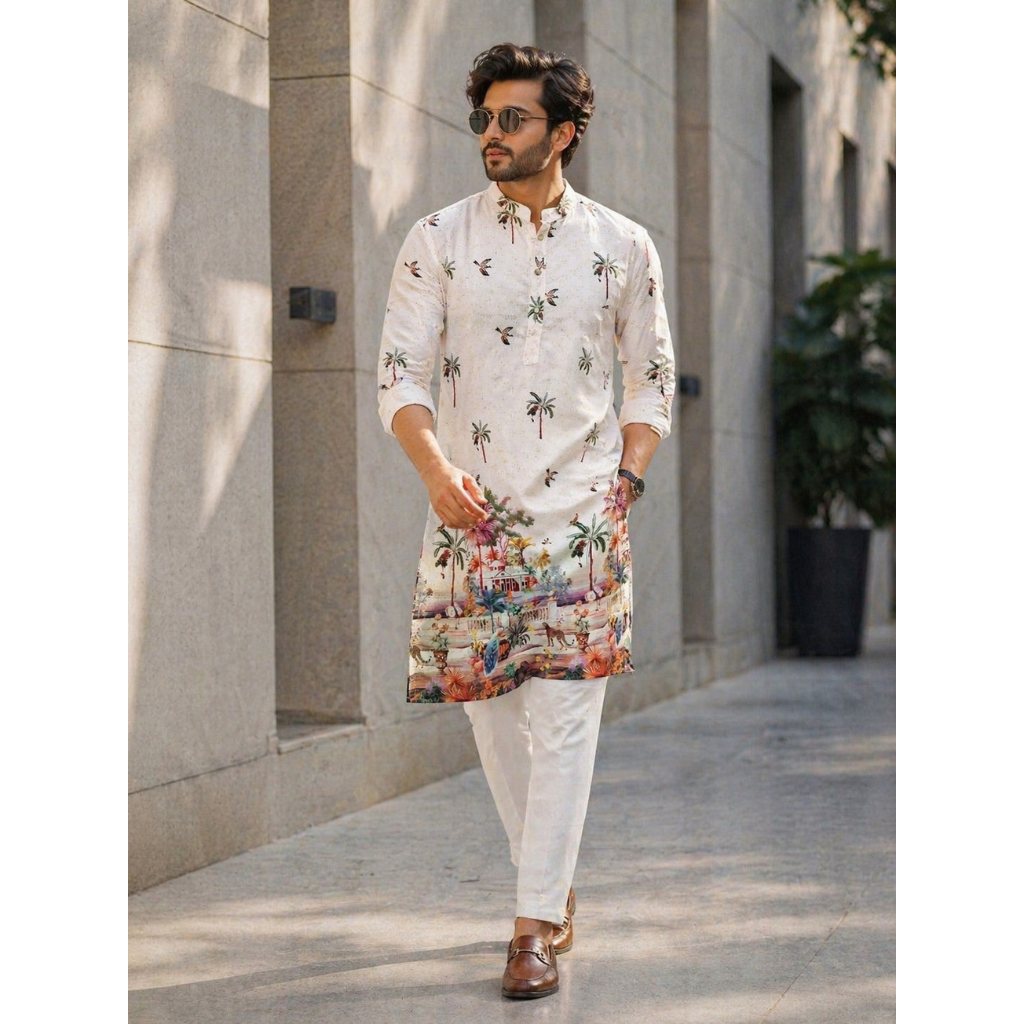 Ethnic Traditional Indian White Men Kurta Pajama with Crochet Sequence work and Digital Print mahezon