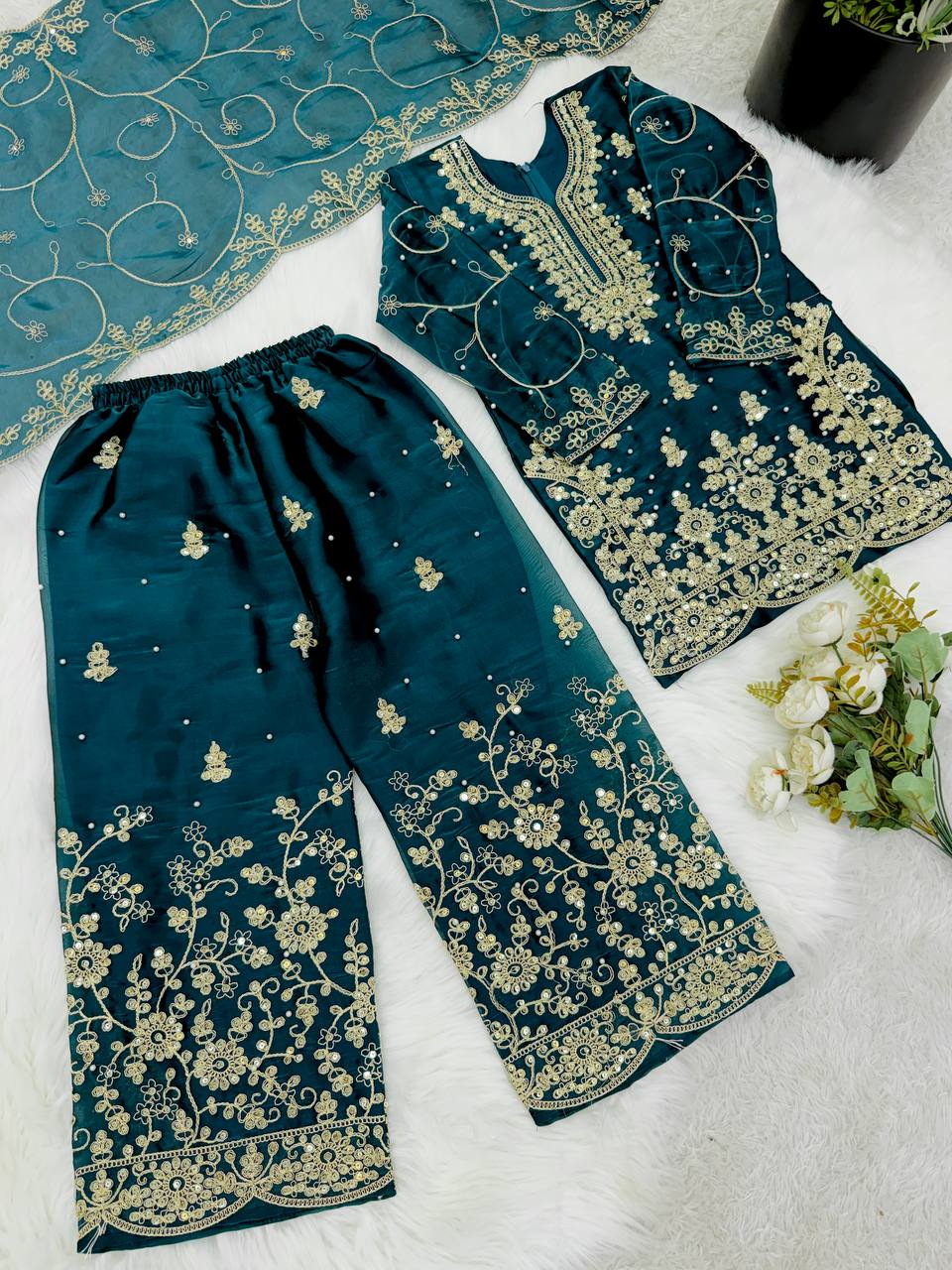 Ethnic Wear Matching Blue Mother Daughter Designer Party wear Top Palazzo Dupatta Suit Set mahezon